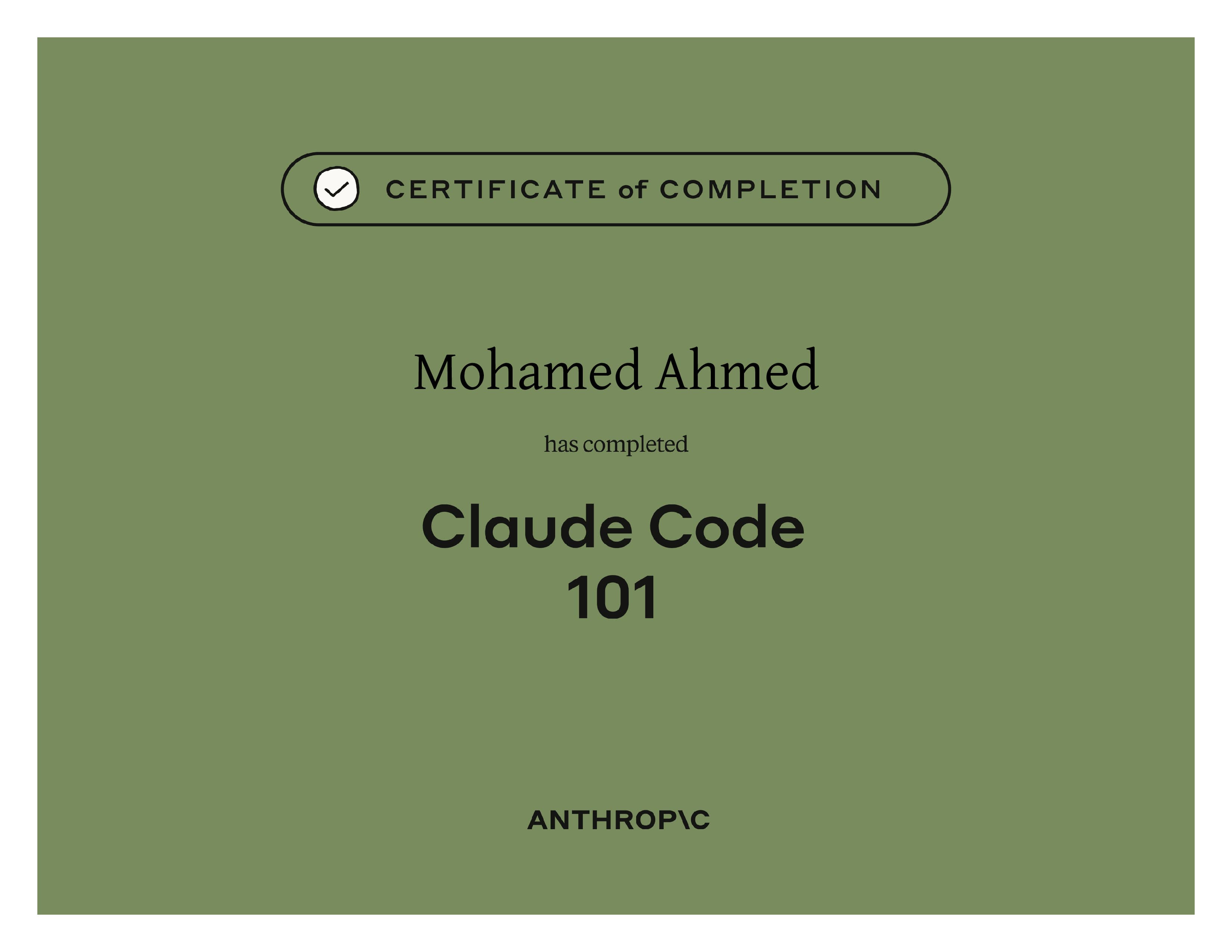 Claude Code 101 certificate issued by Anthropic to Mohamed Ahmed