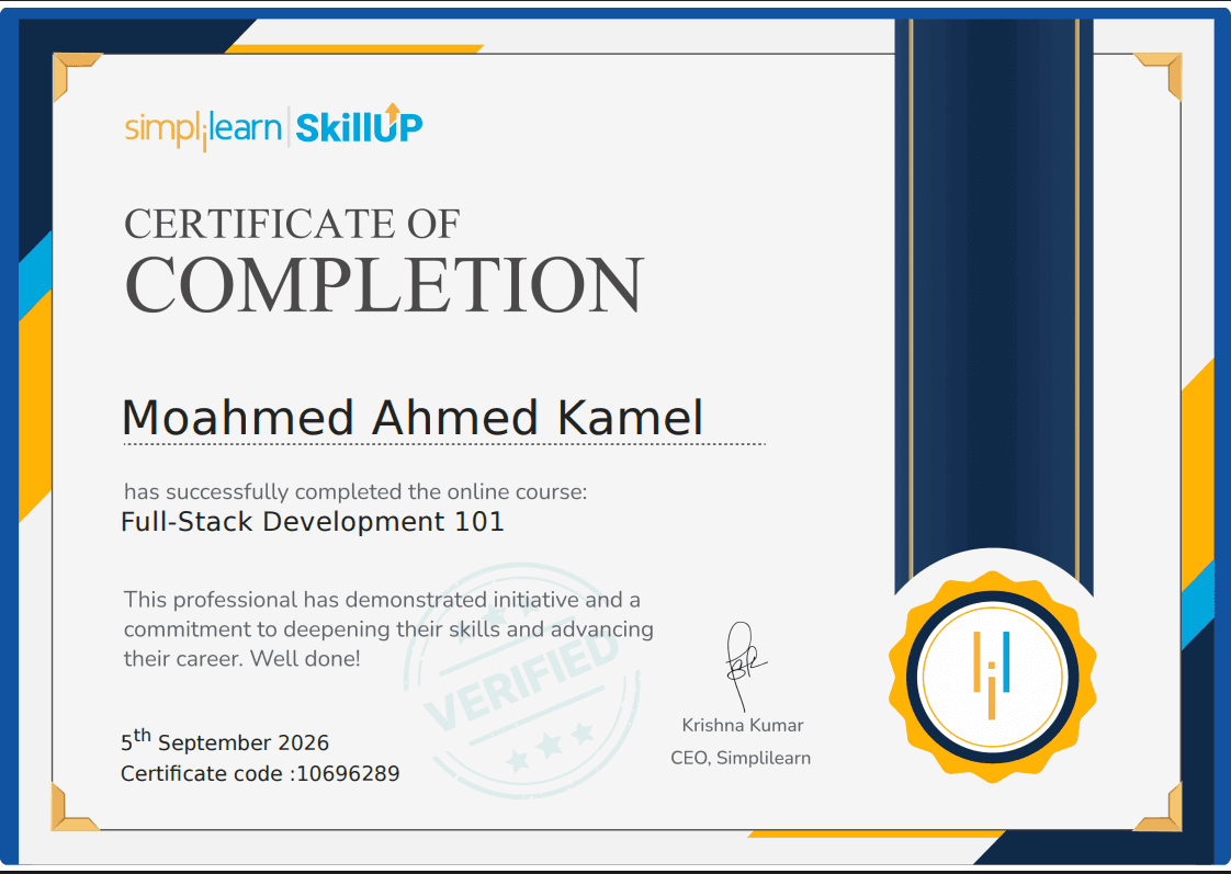 Full-Stack Development 101 certificate issued by Simplilearn SkillUp to Mohamed Ahmed Kamel